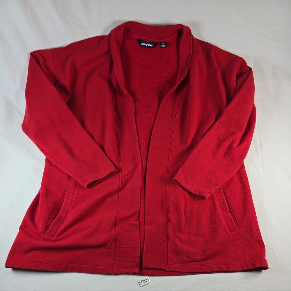 Lands' End Womens Red Open Front Cardigan Sweater Pockets Size XL 18 cotton